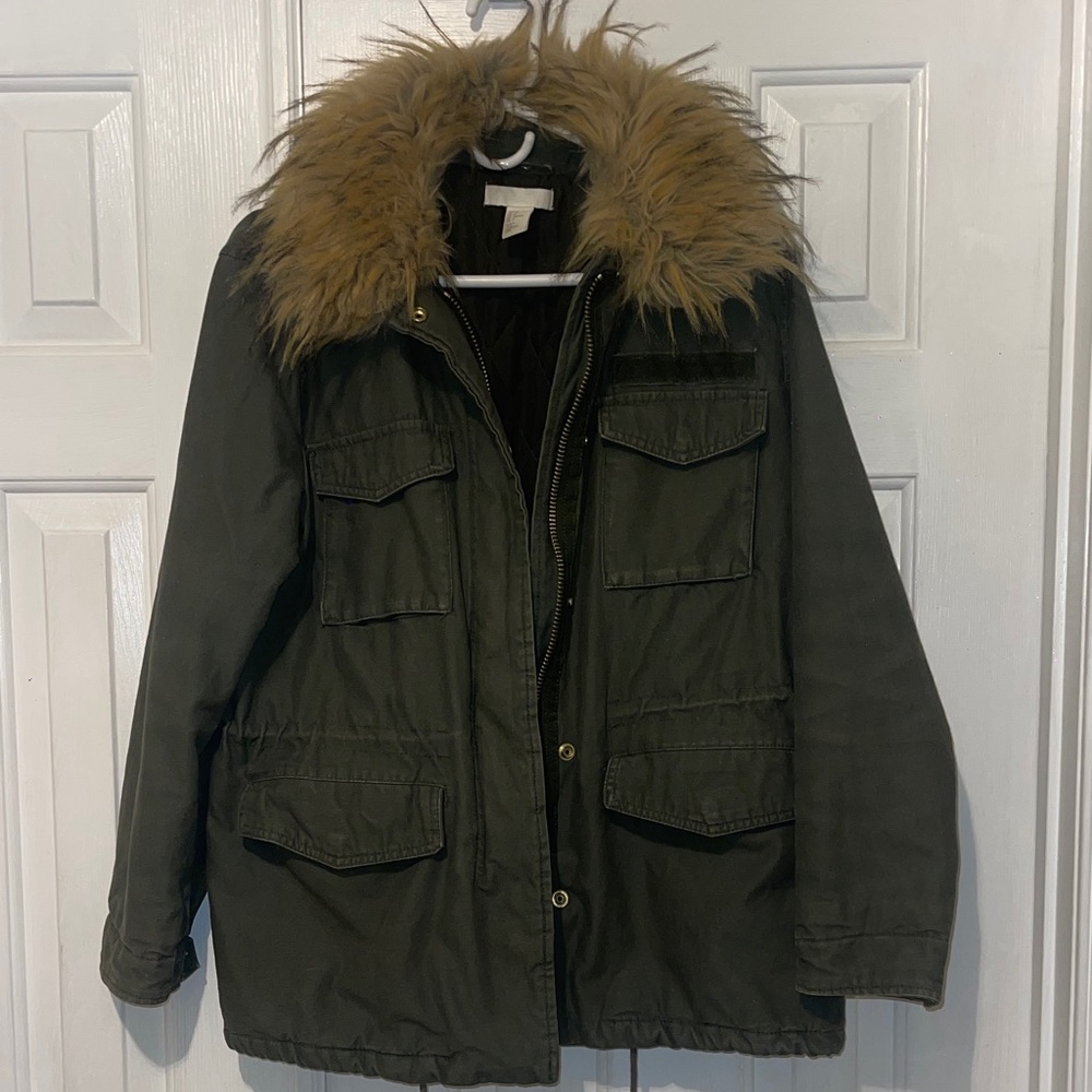 Women's Olive Green Parka with Faux Fur Trim by H&M s